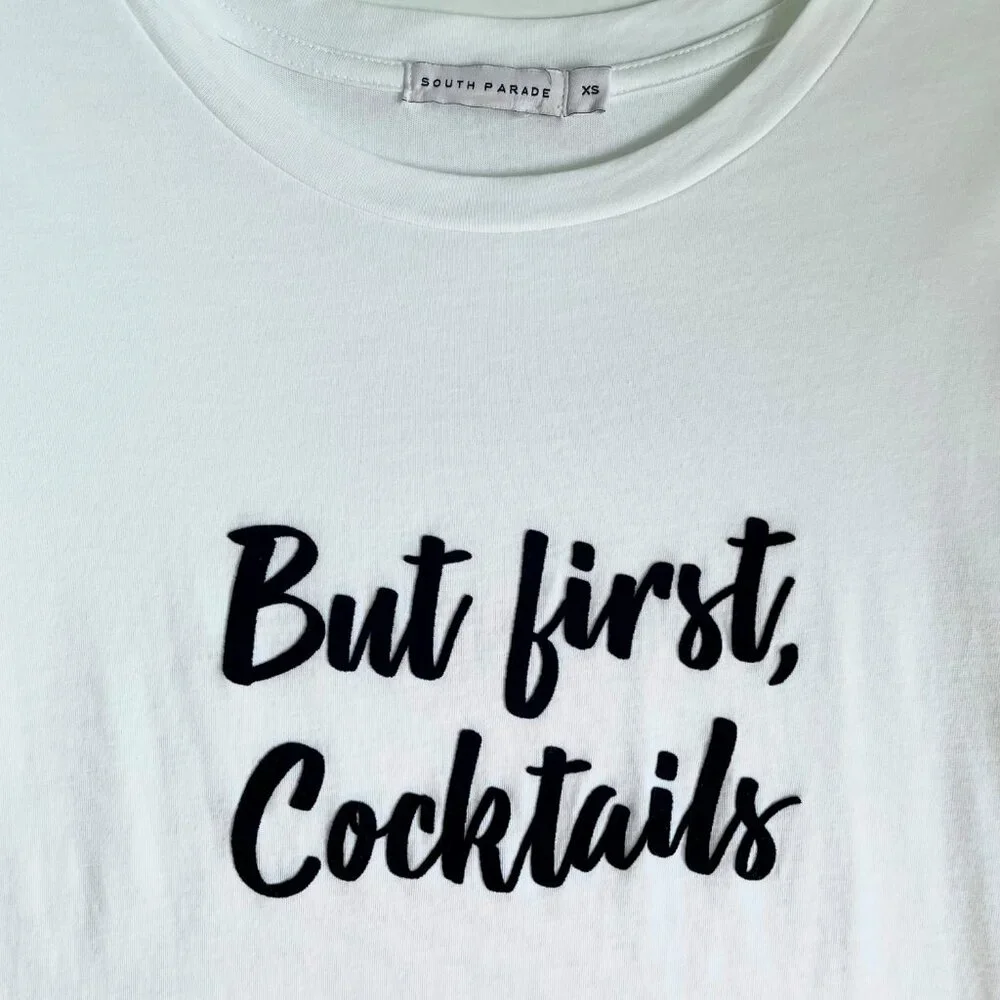 SOUTH PARADE Lola Top But First Cocktails Short Sleeve Cotton Tee White Black XS - Picture 6 of 9